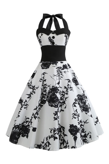 Halter Estampado Vestido de la década de 1950 Con Botón Blanco